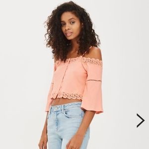 Topshop Coral Crochet Top Off Shoulder Eyelet
